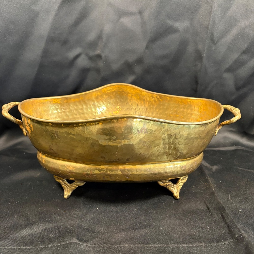 Vintage Hammered Brass Footed Planter Bowl Ornate Handles Made in India Oval